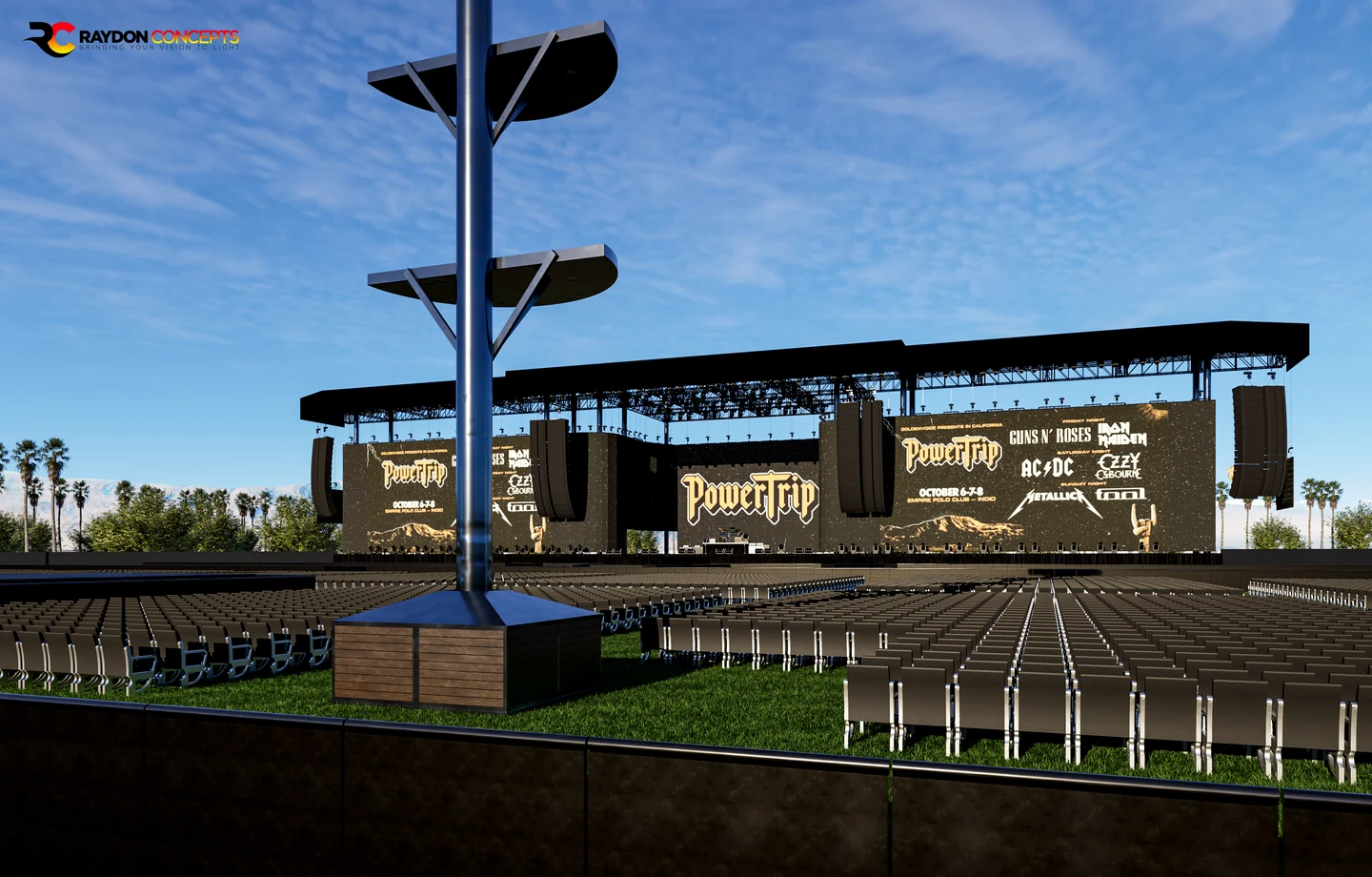 An outdoor concert visualization showing the main stage, large screens, seating blocks, aisles, and a foreground lighting structure.