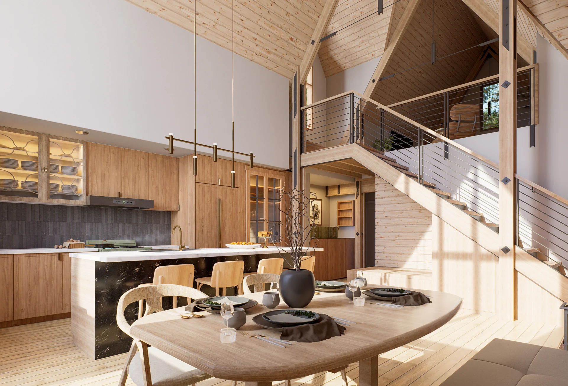 A sunlit cabin interior with a timber vaulted ceiling, open kitchen, dining table, and a stair leading to a loft.