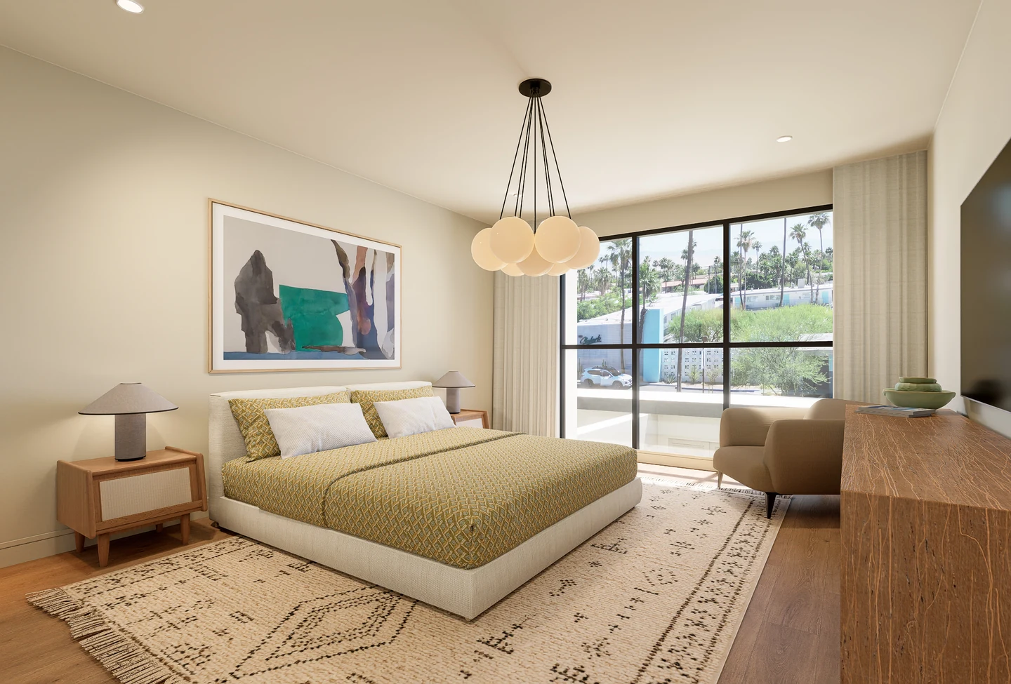 A sunlit bedroom with a globe pendant, natural wood furniture, textured bedding, and a large window overlooking palms.